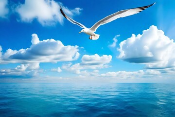 Obraz premium Seagull bird soaring high above deep blue ocean water under a bright, cloudy summer sky.