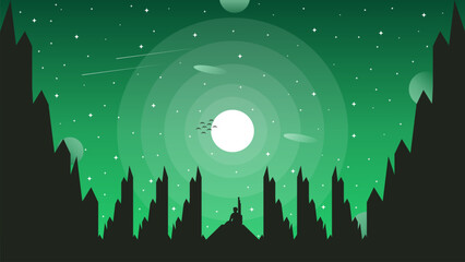 Vector illustration of a man looking at the moon and stars at night