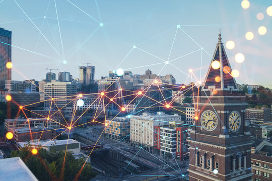 Seattle aerial skyline panorama of downtown at day time, Washington USA. Social media hologram. Concept of networking and establishing new people connections