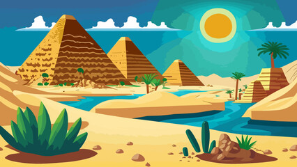 Cartoon desert with ancient Egyptian pyramids and Nile river. Vector illustration of sandy landscape with stones and green plants near blue water, sun shining brightly in sky over pharaoh tombs - obrazy, fototapety, plakaty