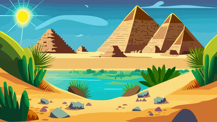 Fototapeta na wymiar Cartoon desert with ancient Egyptian pyramids and Nile river. Vector illustration of sandy landscape with stones and green plants near blue water, sun shining brightly in sky over pharaoh tombs