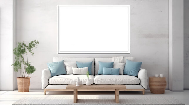 Empty picture frame on the wall. Interior.  Boho style room. Mockup. AI