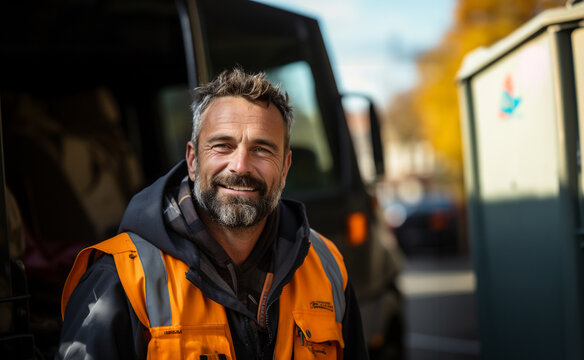 man transports garbage can and works in the city cleaning service