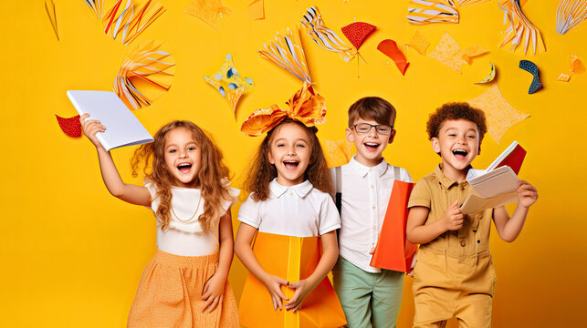 back to school, cute adorable schoolkids prepared for 1 september buy school supply on season bargain.