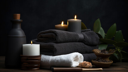 Obraz na płótnie Canvas white spa towel and candles sit on a dark table