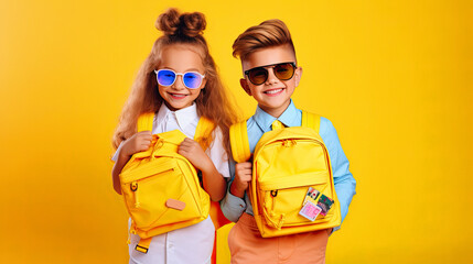 back to school, cute adorable schoolkids prepared for 1 september buy school supply on season bargain.
