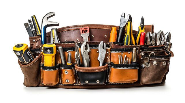 Construction tools in a leather toolbelt on a wooden board
