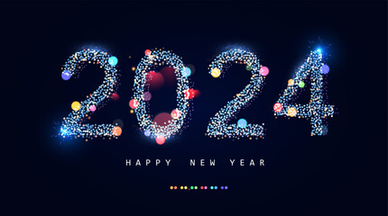 Happy New 2024 Year poster template with bokeh an light effects.