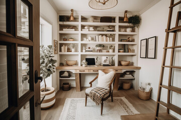 Cozy farmhouse style home office with boho neutral tones. - obrazy, fototapety, plakaty