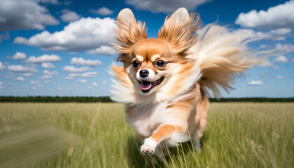 Happy smiling chihuahua dog running in summer field