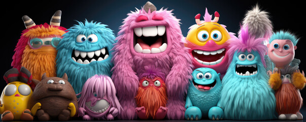 group of cute monster in a raw. created by generative AI technology.