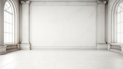 White wall empty apartment room with marble floor and walls. Copy space for product placement. Generative AI