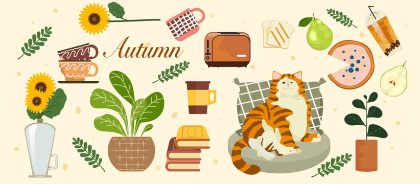 Vector illustration of a casual day with a fat orange cat sleeping in an Autumn forest, sunflowers, sweets, hot tea, and plants in pots, and leaves. Illustration for poster, card, or background.