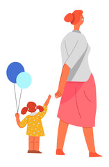 Mother and kid with inflatable balloons walking