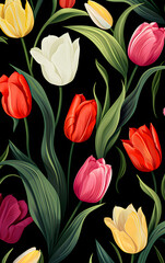 Obraz premium Seamless floral pattern with tulips on a black background. Generative AI