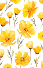 Watercolor seamless patterns with yellow flowers. Generative AI