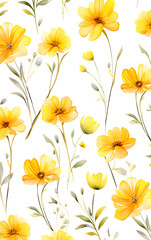 Watercolor seamless patterns with yellow flowers. Generative AI