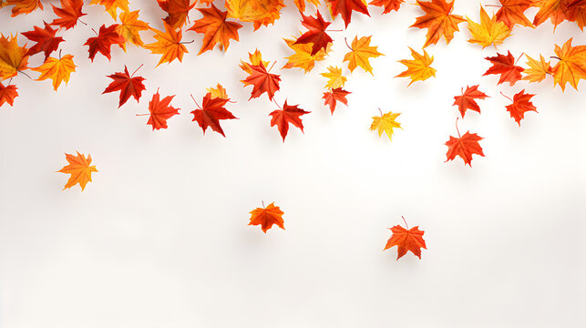 Flying fall maple leaves on fall white background. Falling leaves, seasonal banner with fall foliage. Generative AI