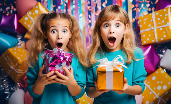 The two girls are very surprised to find themselves holding gifts. Concept of the gifts. Generative AI