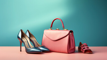 Vintage shoes and a blue bag are placed on a light pink background - obrazy, fototapety, plakaty