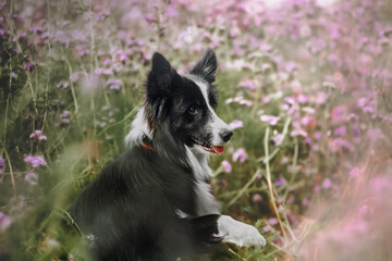 Portrait of a black and white border collie in a purple phacelia flower meadow