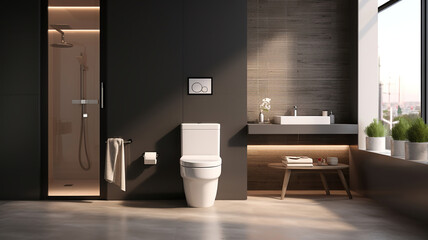 modern bathroom with a toilet bowl as part of its interior - obrazy, fototapety, plakaty