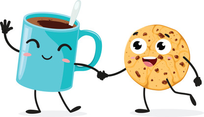 Cartoon cookie and coffee cup, set of Cute characters, Isolated on white background