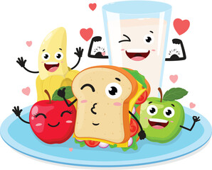 Fototapeta premium Cartoon Lunch Food, Sandwich, Milk And Fruits, set of Cute characters, Isolated on white background