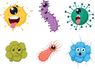 Cartoon microbes and viruses, set of Cute characters, Isolated on white background