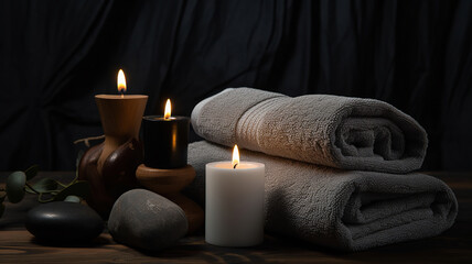 Fototapeta na wymiar white spa towel and candles sit on a dark table