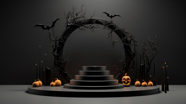 3d Podium with halloween decoration. Halloween concept. Generative AI