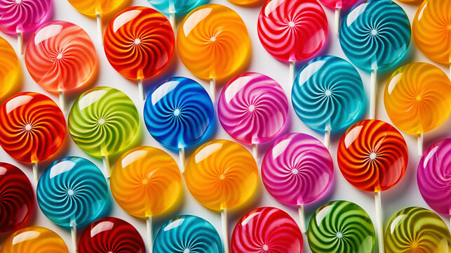 Colorful lollipop candies background. Top view. Generative AI