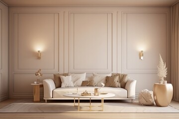 Fototapeta na wymiar Modern living room interior, stylish light grey sofa, lots of cushion pillows, generative AI