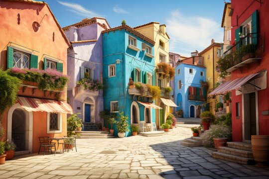 Fototapeta Quaint Village Square Lined with Colorful Buildings, Generative AI