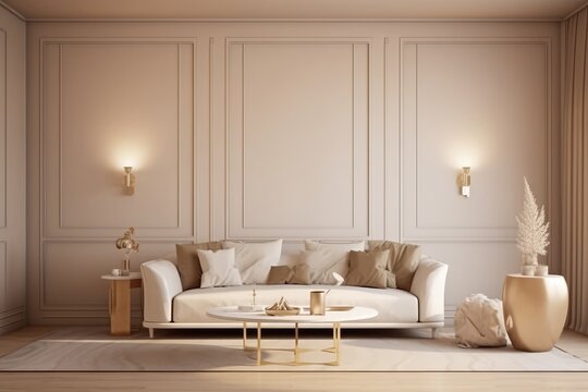 Modern living room interior, stylish light grey sofa, lots of cushion pillows, generative AI