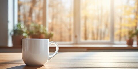 Cozy autumn winter banner template, steaming coffee tea cup, blurred background