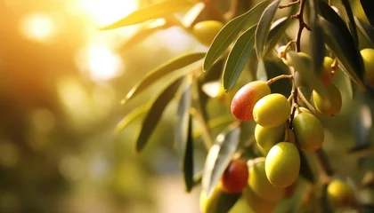 Poster Olive fruit tree garden, branch close-up, sunlight background , Mediterranean olive trees growing © Slanapotam