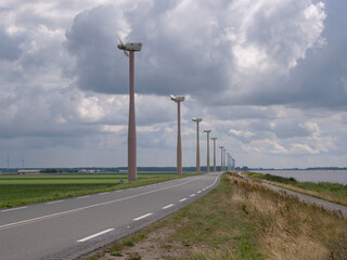 Fototapeta na wymiar Windmills on farmland in Dutch polder landscape