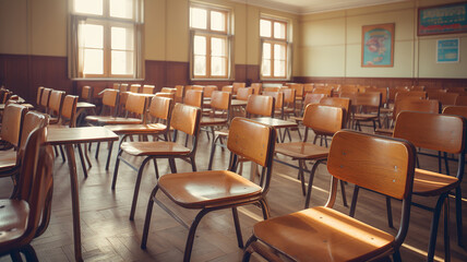 classroom appears empty, adorned with vintage wooden chairs in a warm tone