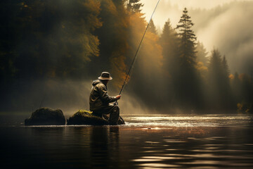 Man sitting on rock in river fishing during autumn in forest