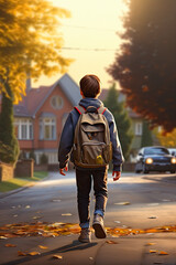 child walking to school, wearing a school bag with books