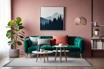 Stylish scandinavian living room with vase and blooming cherry plum tree branches. Springtime home decor. Elegant interior with comfy sofa, cushions and blanket. White wall background
