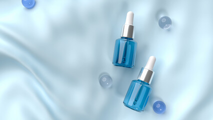 3d render of two blue serum bottle for skin care on blue fabric background.