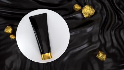 3d render of black facial foam tube on white podium and gold on black satin fabric.