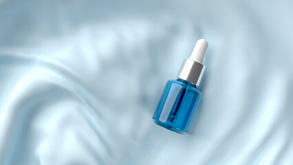 3d render of blue serum bottle for skin care on blue fabric background.