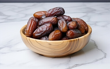 sweet dates out of wooden bowl on marble surface
