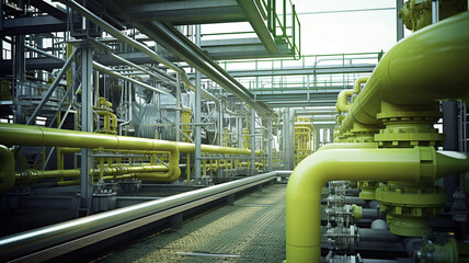 Pipelines and valves are seen at the gas plant - obrazy, fototapety, plakaty
