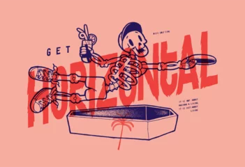 Poster Disc golf skeleton. Get horizontal. Skeleton with cocktail jumping over the coffin to catch the disc. Silkscreen vintage typography silkscreen t-shirt print © Handdraw