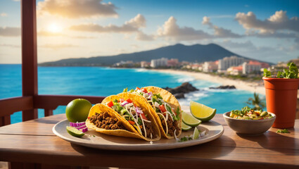 A visually stunning photograph of a Taco placed on a table with view of a town, serene ocean, and majestic mountains in Cancun.