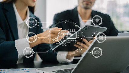 Digital transformation technology strategy, Person using laptop, tablet and smartphone with of...